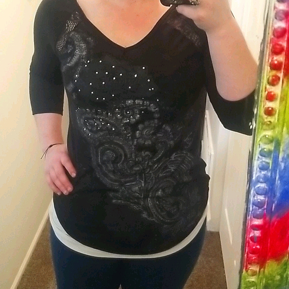 Rhinestone floral gray & black top